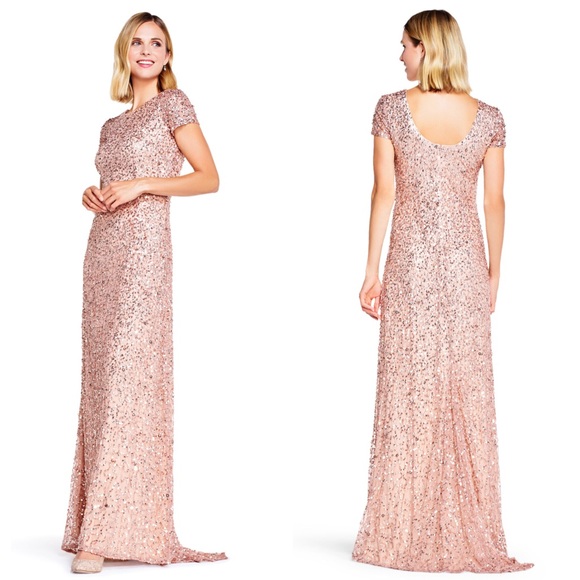 adrianna papell rose gold sequin gown
